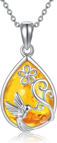 wholesale 925 Sterling Silver 925 Amber Teardrop Necklace w/Flower & Bird Design-Hummingbird
