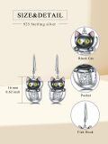 wholesale 925 Sterling Silver Black Cat Drop Earrings with Pink Accents and Flower Design-0-1