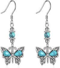 wholesale 925 Sterling Silver Turquoise Butterfly Drop Earrings with Beads and Chain for Women Girls  4cm Length-Butterfly Turquoise Earrings