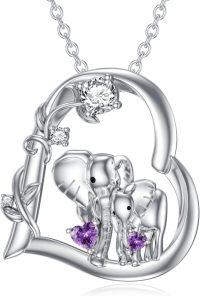 wholesale 925 Sterling Silver Moissanite Birthstone Elephant Family Mom Necklace 18+2 Chain-Feb-Amethyst