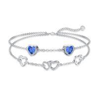 wholesale 925 Sterling Silver Heart Blue Cz Double Layer Chain Bracelet-Layered Anklet