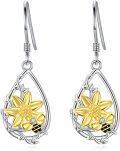wholesale 925 Sterling Silver Sunflower and Bee Drop Earrings with Gold Plating for Women-0-0