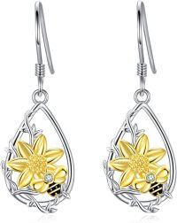 wholesale 925 Sterling Silver Sunflower and Bee Drop Earrings with Gold Plating for Women-Sunflower