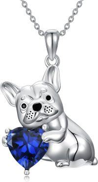 wholesale Metal Synthetic Stone French Bulldog Pendant Necklace for Women-September(Created Sapphire)