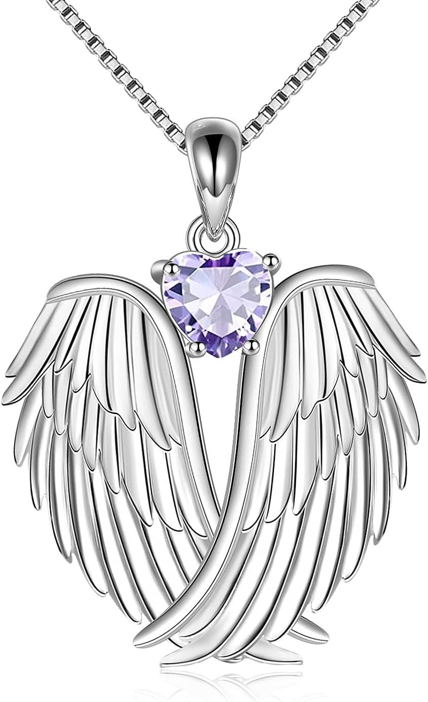 Sterling Silver Birthstone Angel Wings Pendant Necklace-June
