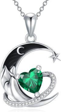 wholesale  Sterling Silver Birthstone Moon Star Heart Pendant Necklace -05-May-Emerald