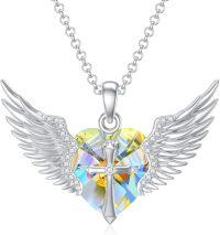 wholesale Sterling Silver Gold Angel Wings Necklace with Cross Birthstone Valentine s Gift-04-Apr-Zircon White Gold
