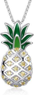 wholesale 925 Sterling Silver Green Enamel Yellow Crystal Pineapple Pendant Necklace s for Women and Teen Girls-0-0