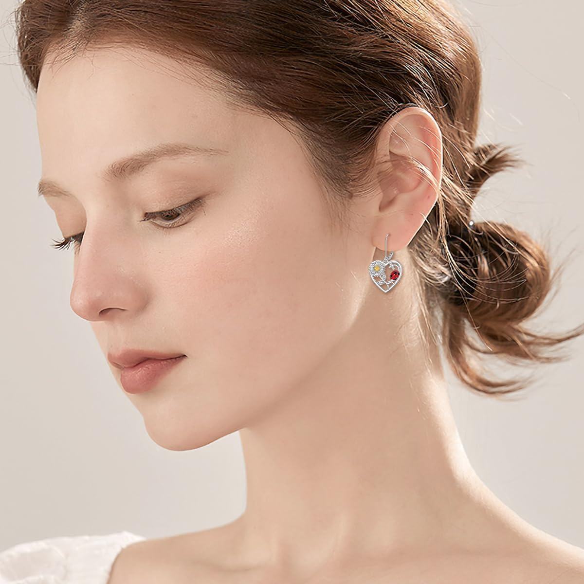 wholesale 925 Sterling Silver Ladybug Sunflower Heart Drop Earrings Gift for Women-0-1