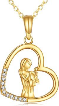 wholesale 14K Gold Mother and Child Heart Pendant Necklace with Cubic Zirconia 18 Chain-14K Gold-Cat Necklace
