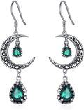 wholesale 925 Sterling Silver Crescent Moon Drop Earrings with Green Gemstones and Antique Finish-0-0