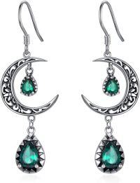 wholesale 925 Sterling Silver Crescent Moon Drop Earrings with Green Gemstones and Antique Finish-Emerald Green