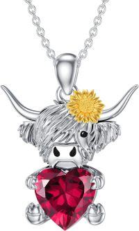 wholesale Metal Stone Highland Cow Pendant Necklace w Heart Birthstone Women s Gift-July