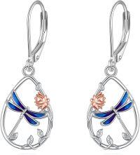 wholesale 925 Sterling Silver Blue Dragonfly & Lotus Drop Earrings - Mothers Day Gift for Her-Dragonfly Earrings2