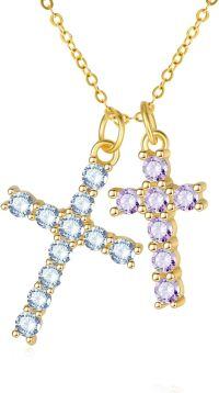 wholesale 14K Gold Sterling Silver Birthstone Double Cross Necklace for Women-03-06-Mar-Jun
