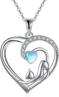 wholesale 925 Sterling Silver Blue Moonstone Cat Heart Pendant Necklace for Women-Cat