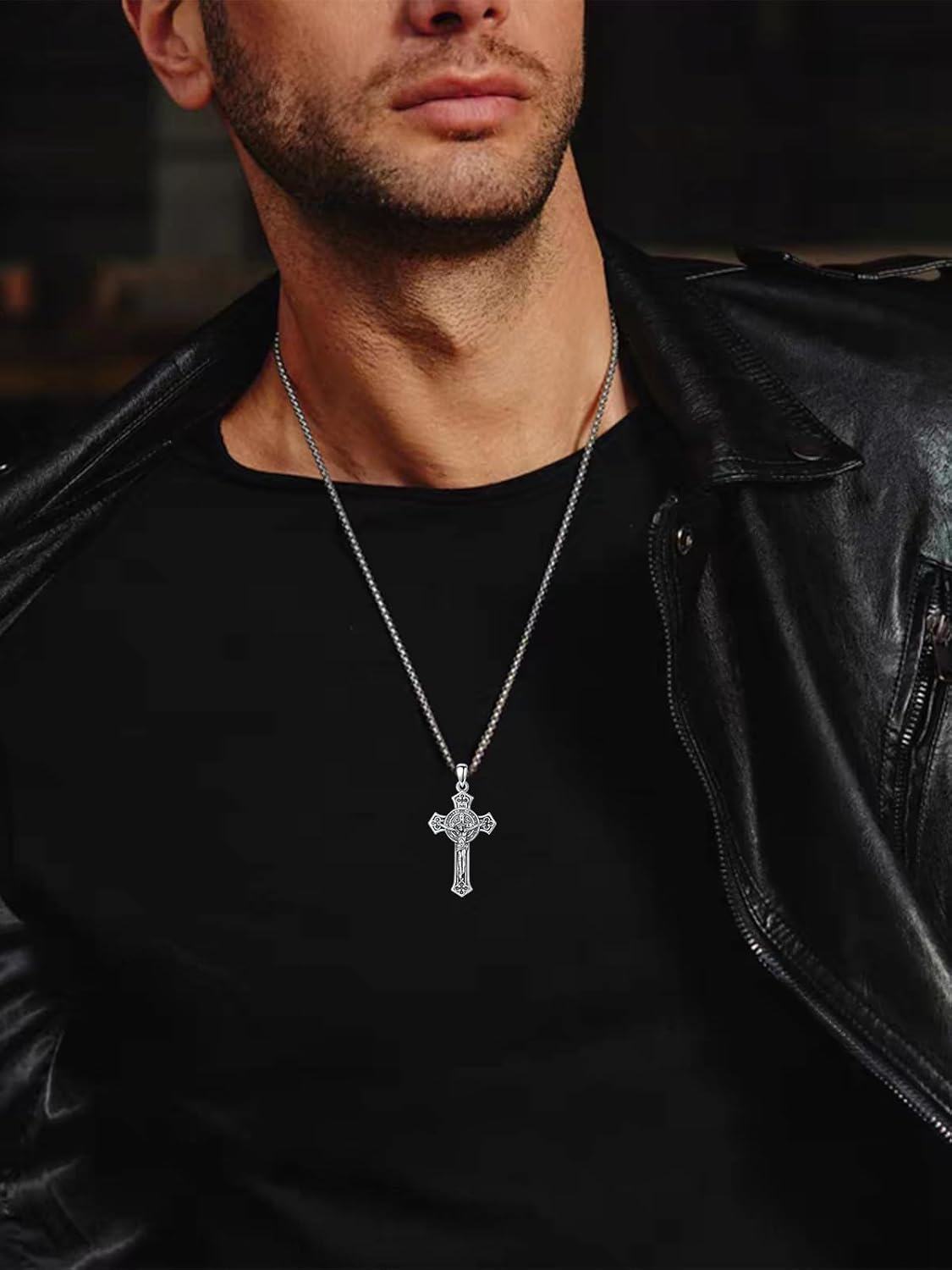 wholesale 925 Sterling Silver Cross Pendant Necklace with Stainless Steel Chain for Men & Women - Protection Amulet Religious Jewelry with 24+2mm Rolo Chain (Gift Included)-0-5