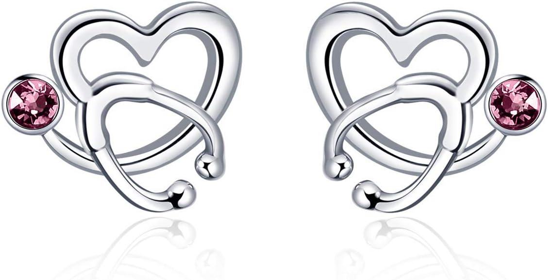 Sterling Silver Austria Crystal Nurse Earrings Stethoscope Studs Graduation Gifts for RN Doctor Medical Student-0-0