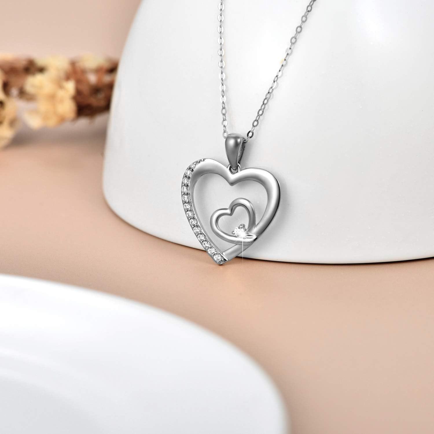Solid 925 Sterling Silver Double Heart Pendant with Cubic Zirconia - Romantic  for Women-0-1