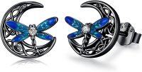 wholesale 925 Sterling Silver Blue Enamel Dragonfly Moon Stud Earrings - Irish  for Women-Moon-Black
