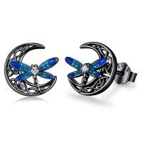 wholesale 925 Sterling Silver Blue Enamel Dragonfly Moon Stud Earrings - Irish  for Women-Moon-Black