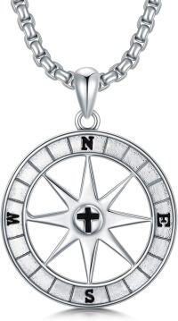 wholesale 925 Sterling Silver  Compass Pendant for Men with Cross and Beaded Chain - 24 inches Total Length-Style F01