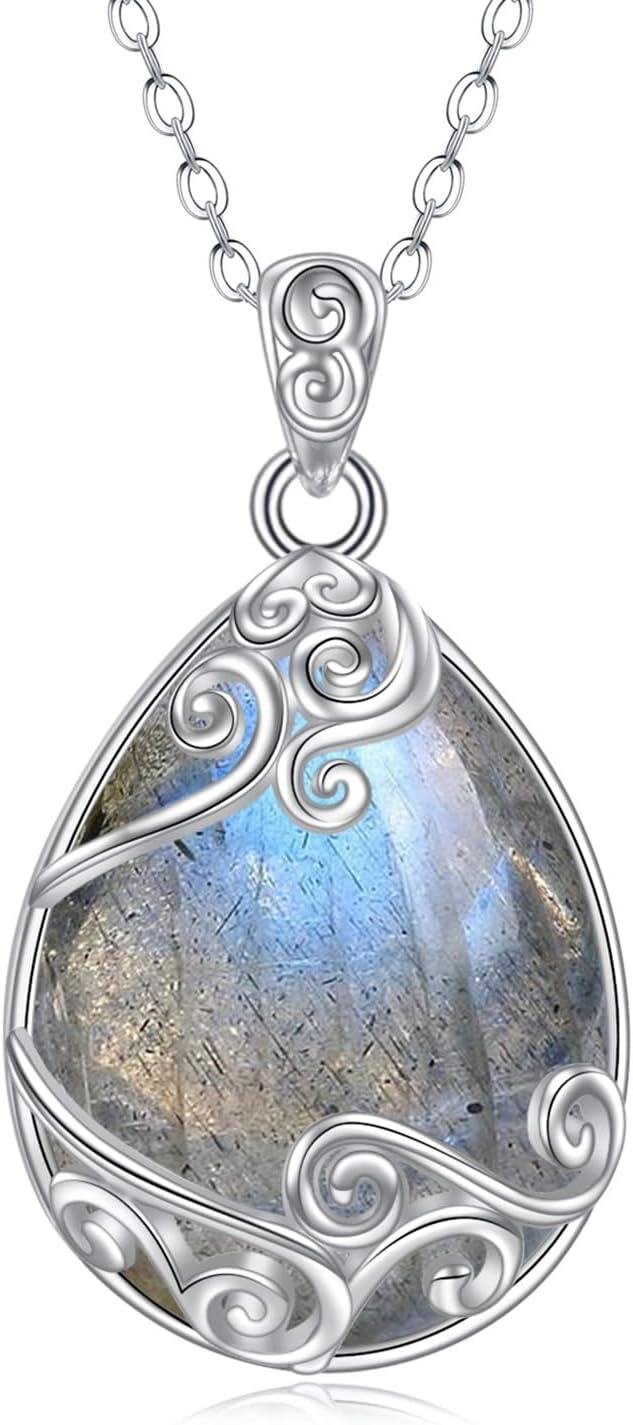 Sterling Silver Moonstone Filigree Teardrop Pendant Necklace for Women-AA-Labradorite Filigree Necklace