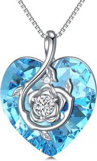 wholesale Sterling Silver Birthstone Heart Rose Pendant Necklace for Women-3-Mar-Aquamarine