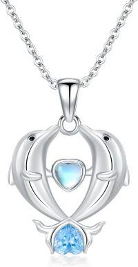 wholesale 925 Sterling Silver Heart-Shaped Dolphins with Blue Crystal Pendant Necklaces for Women Ocean Life s-Dolphin Moonstone Necklace#2