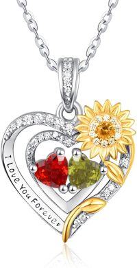 wholesale Sterling Silver 2 Birthstones Sunflower Heart Necklace for Women-01-08-Jan-Aug