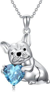 wholesale Metal Synthetic Stone French Bulldog Pendant Necklace for Women-December(Blue Topaz)