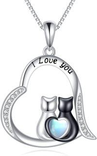 wholesale 925 Sterling Silver Cat Heart Pendant Necklaces for Women Girls Love You Gifts-Cat