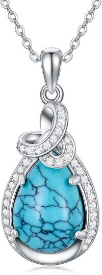 wholesale 925 Sterling Silver Natural Turquoise & Crystal Teardrop Pendant Necklace-Turquoise