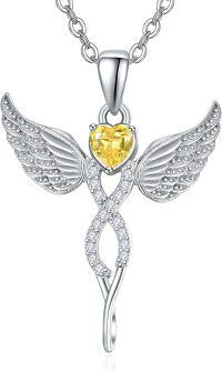 wholesale Sterling Silver Angel Birthstone Necklace with 12 Crystal Gemstones for Women-11-Nov-Lab Created Citrine