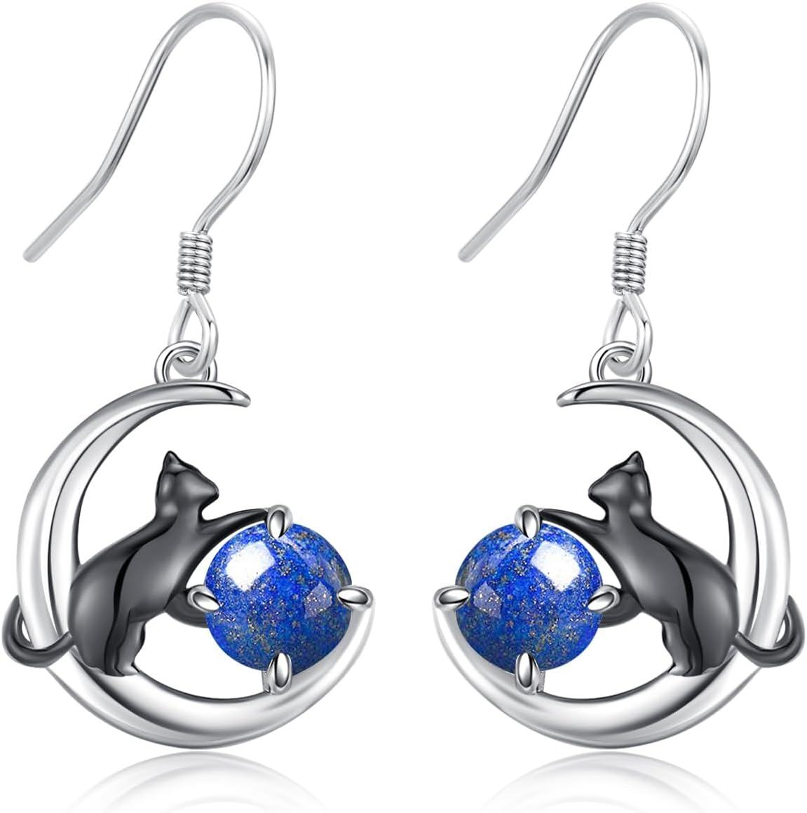 wholesale 925 Sterling Silver & Lapis Lazuli Enchanting Cat Earrings - Black Cat on Moon-0-0