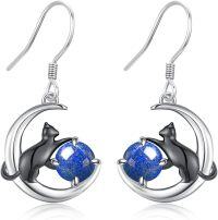 wholesale 925 Sterling Silver & Lapis Lazuli Enchanting Cat Earrings - Black Cat on Moon-Dangle-Lapis Lazuli