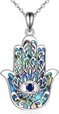 wholesale 925 Sterling Silver Hamsa Evil Eye Pendant with Abalone Shell and Sapphire Centerstone for Women Men  48cm Chain Length-Evil Eye Hamsa Hand Necklace