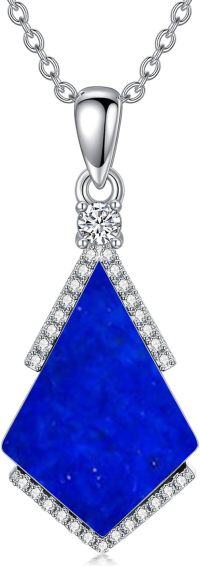 wholesale 925 Sterling Silver Cubic Zirconia Accent Triangle Pendant with Lapis Lazuli and Blue Stone Elements Necklaces-Lapis Lazuli 01