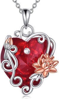 wholesale 925 Sterling Silver Red Heart & Lotus Flower Pendant Necklace with Cubic Zirconia and Chain for Women Girls  43cm Length-July-Lotus