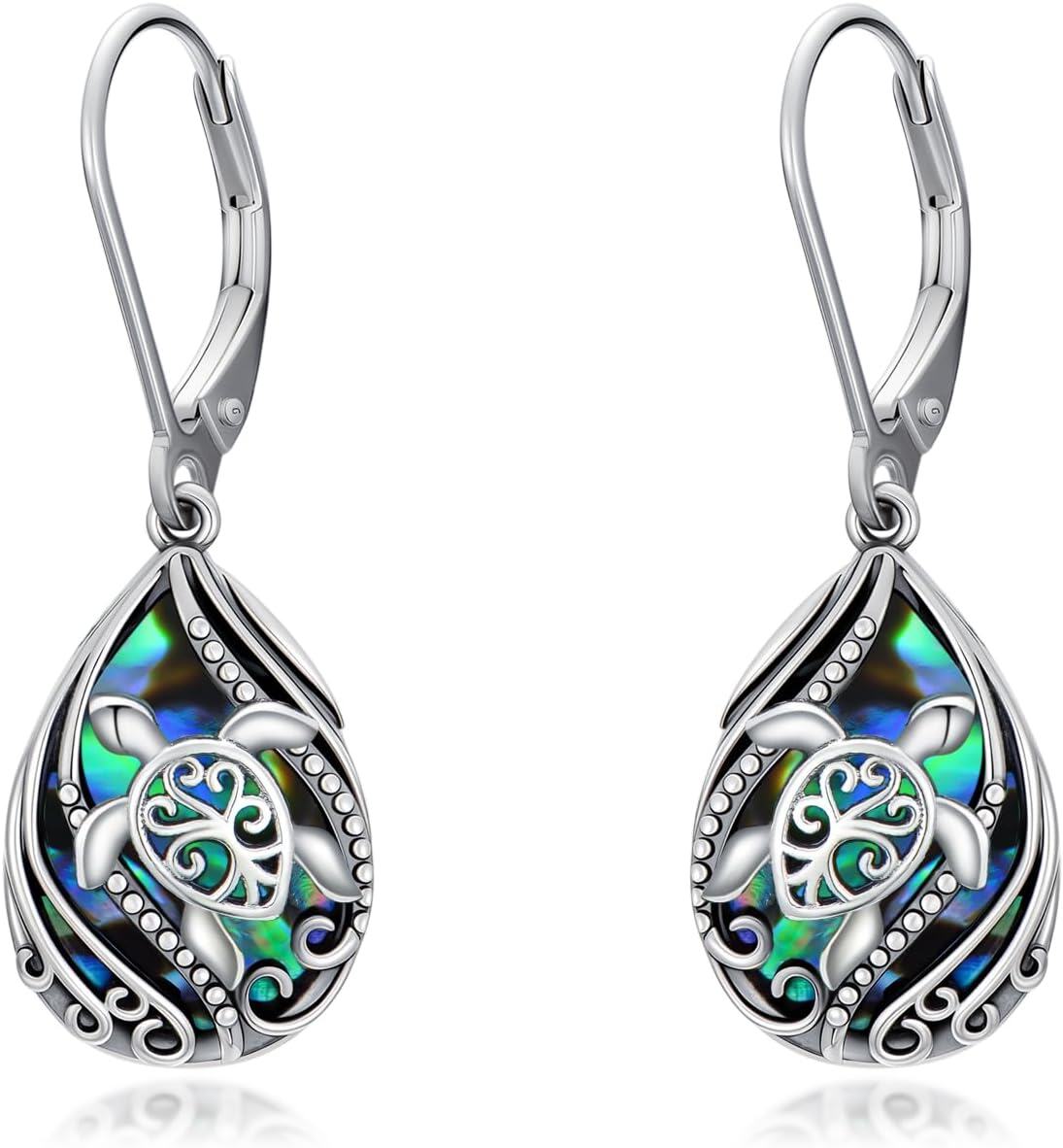wholesale 925 Sterling Silver Turtle Teardrop Abalone Shell Leverback Earrings-0-0