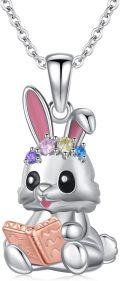 wholesale 925 Sterling Silver Rainbow Crystal Bunny Pendant Necklace for Girls' Gifts-0-0