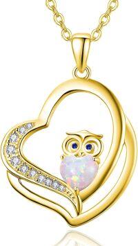 wholesale Gold 925 Sterling Silver Pink Fire Opal Owl in Heart Shape Pendant Necklaces for Women Girls Gifts Jewelry Accessories-Gold