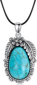 wholesale 925 Sterling Silver & Natural Turquoise Leaf Boho Necklace - Lightweight Pendant for Freedom & Travel, Hypoallergenic Rhodium Plated Chain, 18 Inch, December Birthstone, 11th Anniversary Gift-0-0