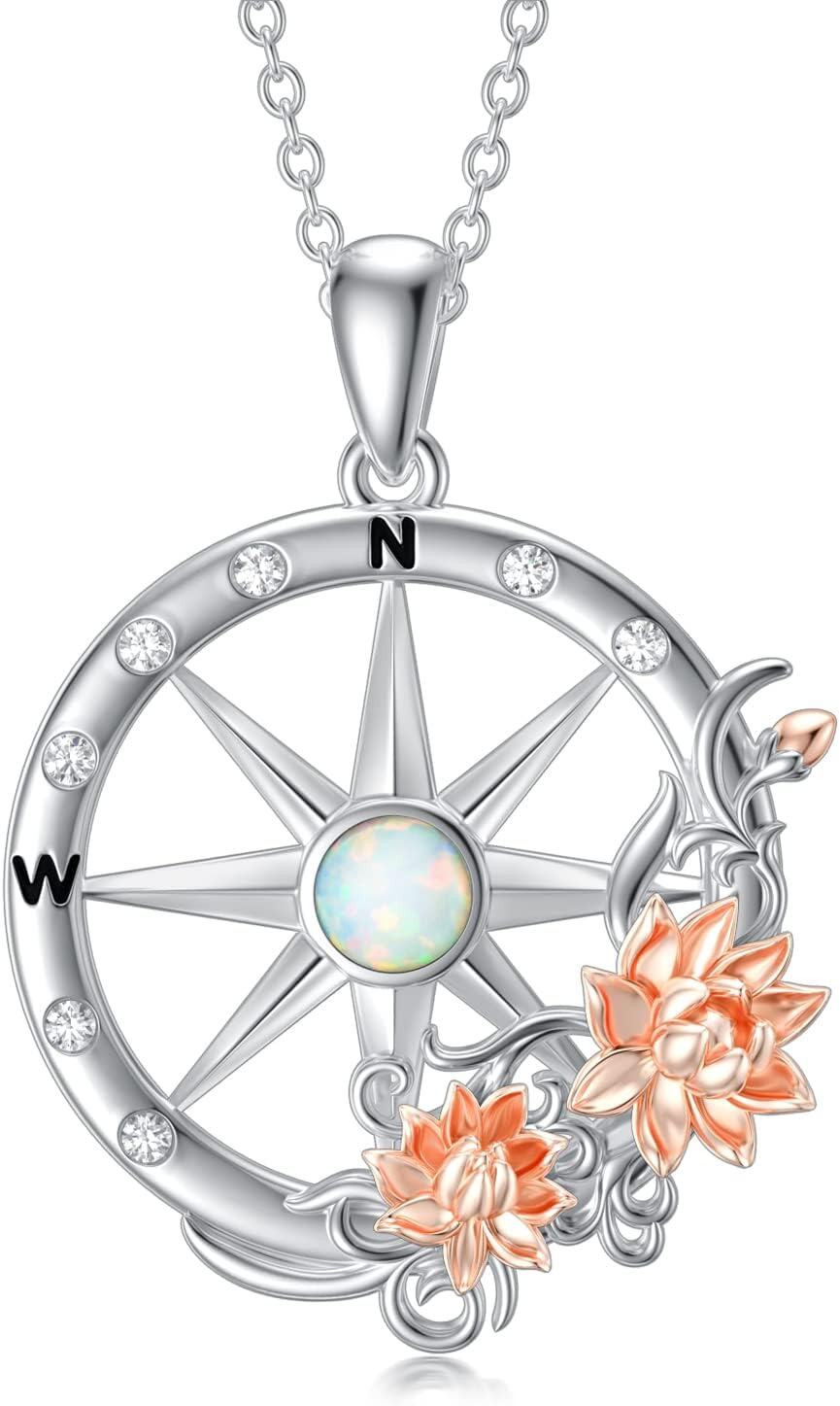 Sterling Silver Rose Lotus Necklace with Opal Crystal Lily Moss Agate-Compass Lotus