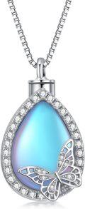 wholesale 925 Sterling Silver Teardrop Butterfly Cremation Jewelry Keepsake Pendant Necklace with Opalite Stone and Cubic Zirconia Accents-0-0