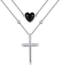 wholesale 925 Sterling Silver Heart Cross Pendant Layered Chain Necklaces Gifts for Women-Black Heart Cross