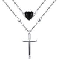 wholesale 925 Sterling Silver Heart Cross Pendant Layered Chain Necklaces Gifts for Women-Black Heart Cross