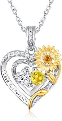 wholesale Sterling Silver 2 Birthstones Sunflower Heart Necklace for Women-04-11-Apr-Nov