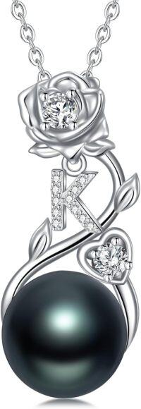 wholesale 925 Sterling Silver White Gold Sterling Silver 10mm Black Freshwater Pearl Rose Initial 'K' Necklace for Women - Eternal Love Gift for Wife/Girlfriend-Rose Letter K