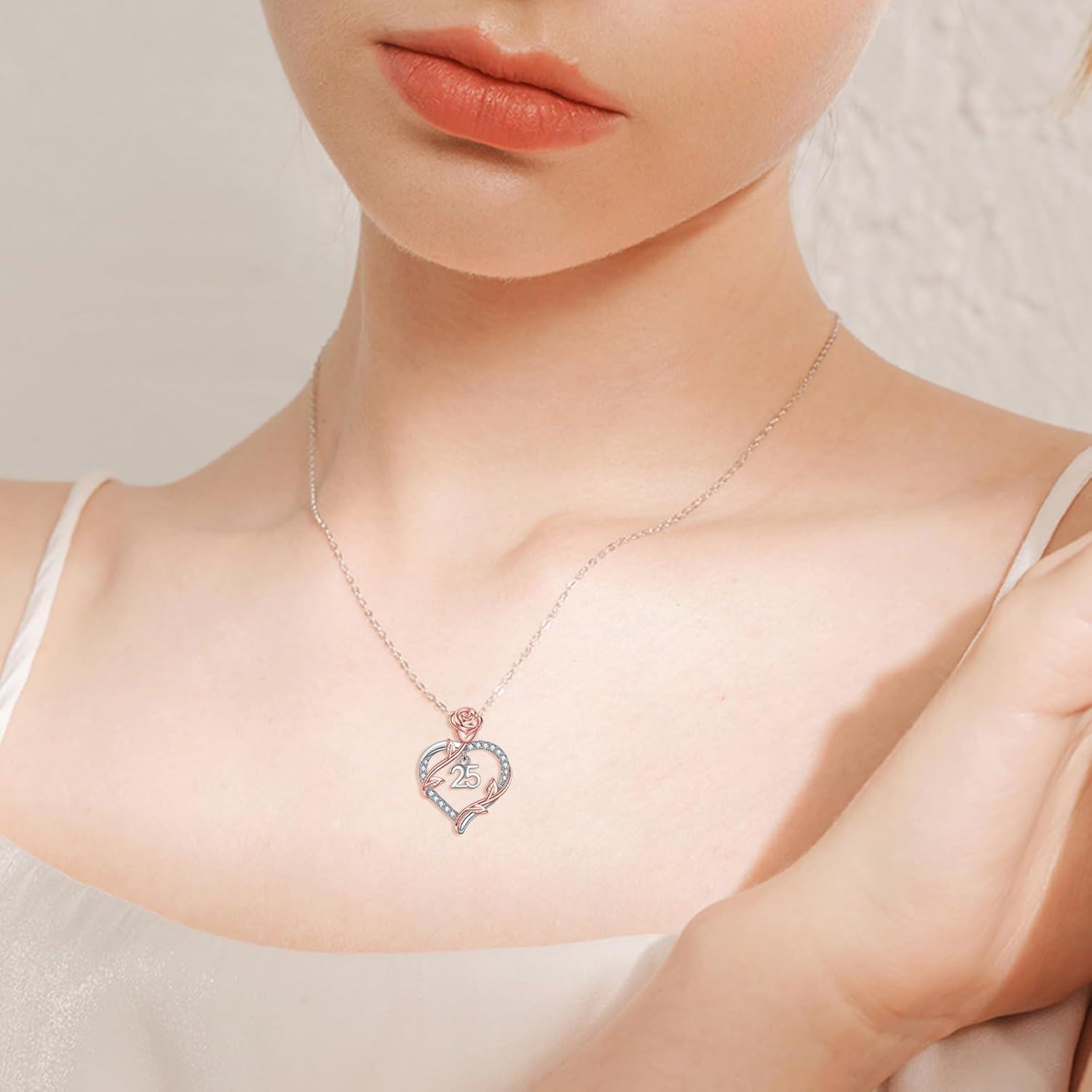 925 Sterling Silver 25th Anniversary Rose Flower Love Heart Pendant Necklace for Women-0-1